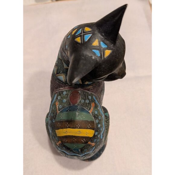 Hand-Painted Egyptian Bastet Cat Figurine with Patterns Scarab Designs - Picture 2 of 12